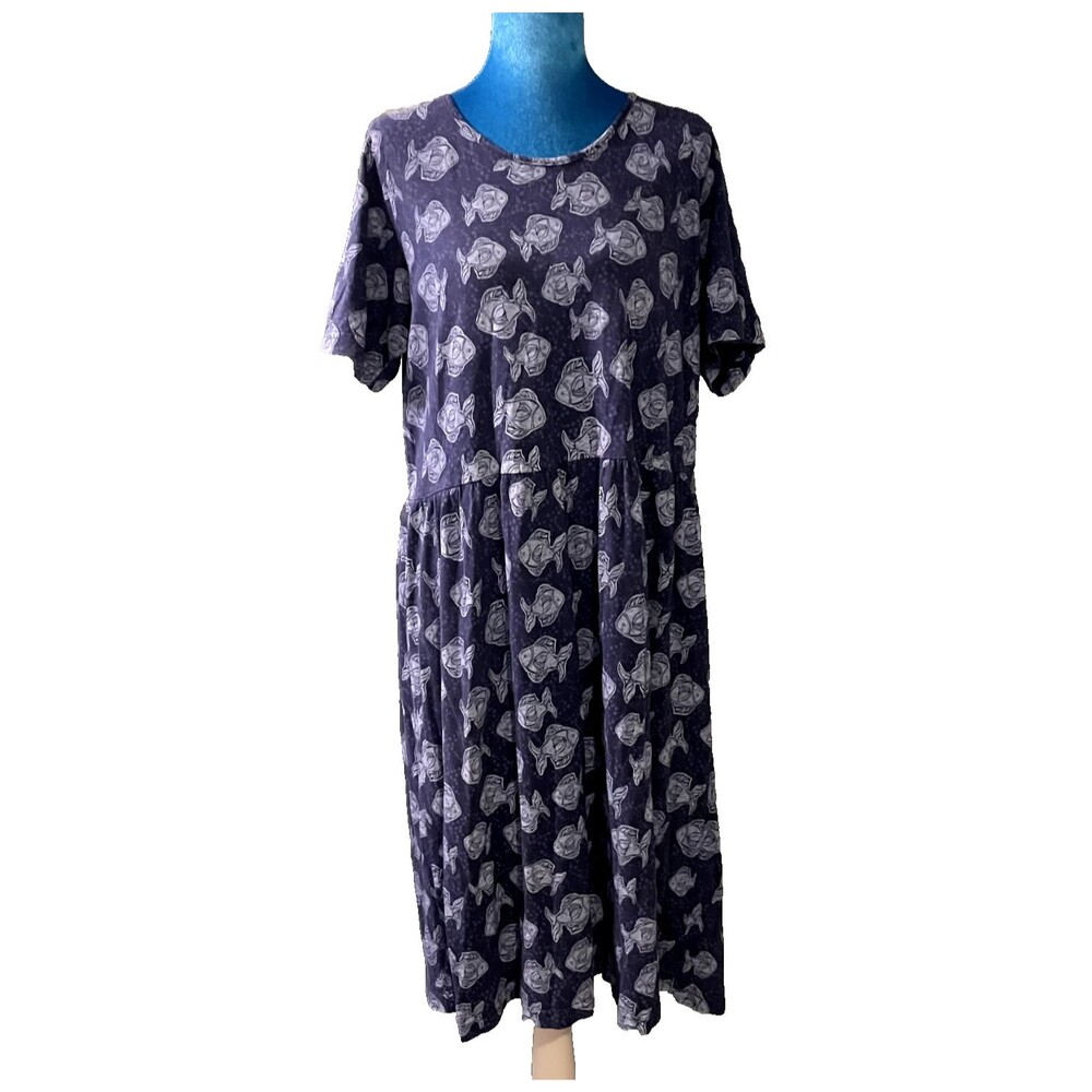 Vintage Fresh Produce Dress Womens L Navy Blue Fish Cotton Midi Short Sleeve USA